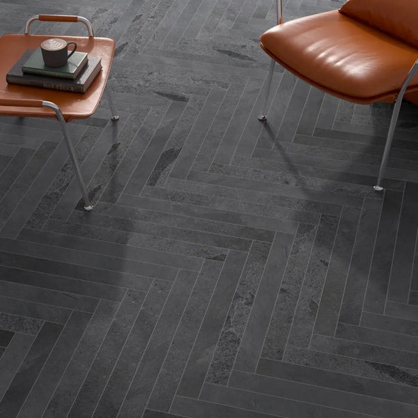 Black Slate Herringbone Tiles - Riven