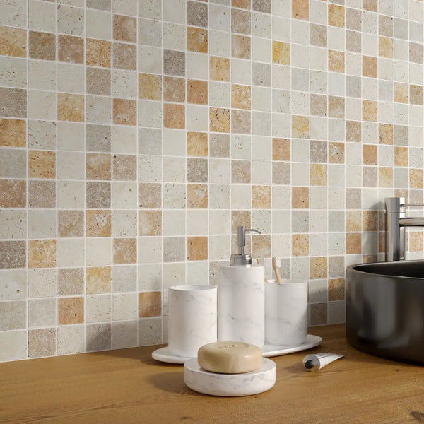 Classico - Persiano Giallo - Noce Travertine Square Stackbond Mosaic - Unfilled and Tumbled