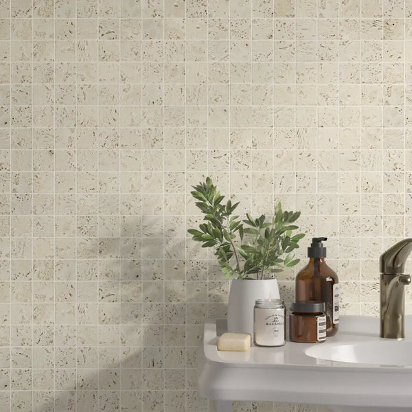 Light Antiqued Travertine Square Stackbond Mosaic - Unfilled and Tumbled
