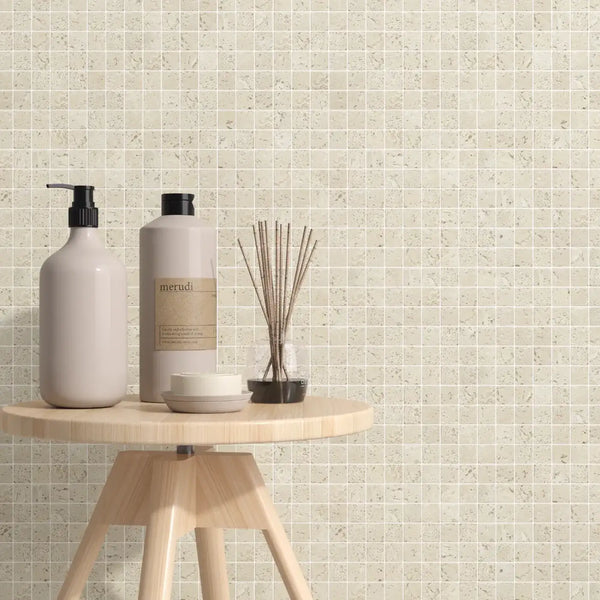 Light Antiqued Travertine Square Stackbond Mosaic - Unfilled and Tumbled