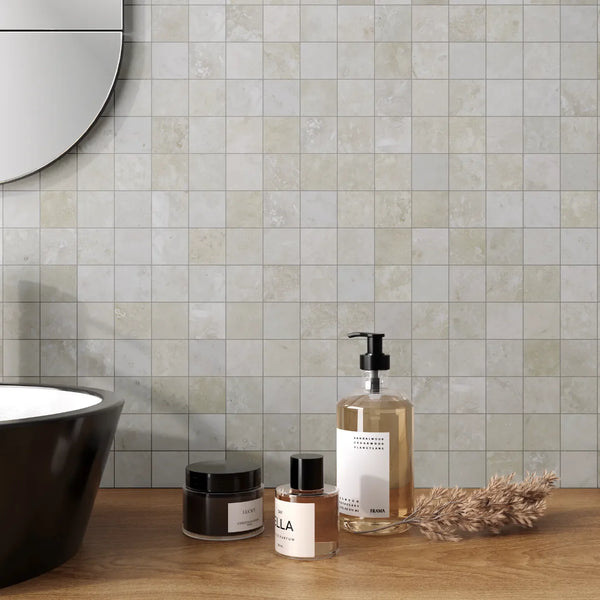 Light Travertine Square Stackbond Mosaic - Filled and Honed