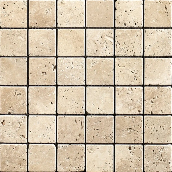 Light Travertine Square Stackbond Mosaic - Unfilled and Tumbled