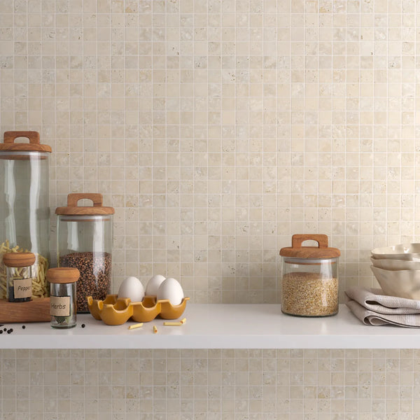 Light Travertine Square Stackbond Mosaic - Unfilled and Tumbled