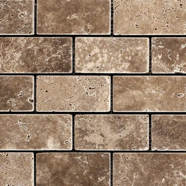 Noce Travertine Rectangle Brickbond Mosaic - Unfilled and Tumbled