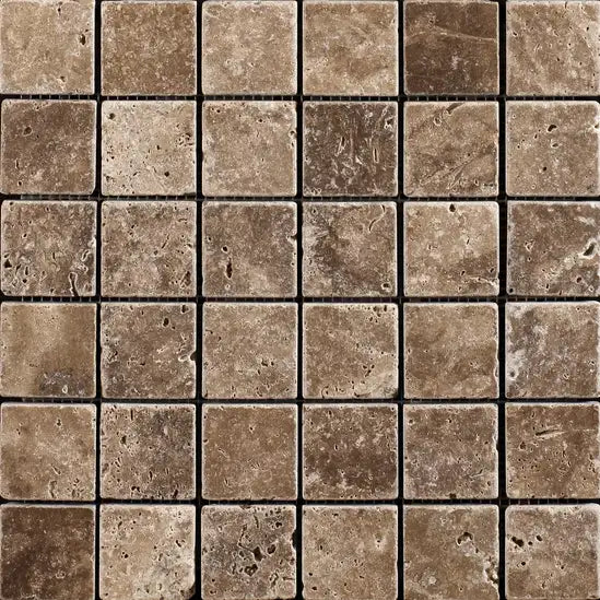 Noce Travertine Square Stackbond Mosaic - Unfilled and Tumbled