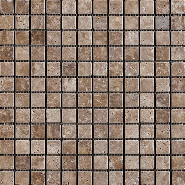 Noce Travertine Square Stackbond Mosaic - Unfilled and Tumbled