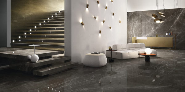 Pietra Grey Marble Porcelain Tiles and Slabs - Honed