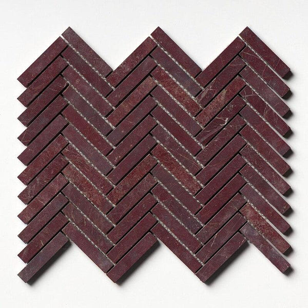 Red Bordeaux Marble Large Herringbone Mosaic - Honed