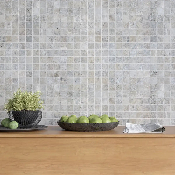 Silver Travertine Square Stackbond Mosaic - Unfilled and Tumbled