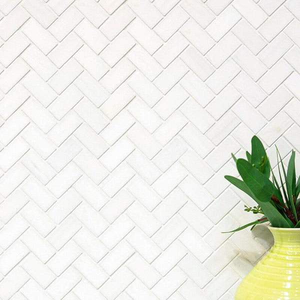 Snow White Marble Small Herringbone Mosaic - Polished